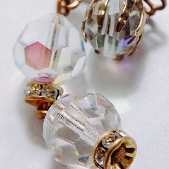 Vintage Mid Century AB Crystal Cocktail Earrings 1950s 1960s Gold Tone Clip On - Picture 14 of 15